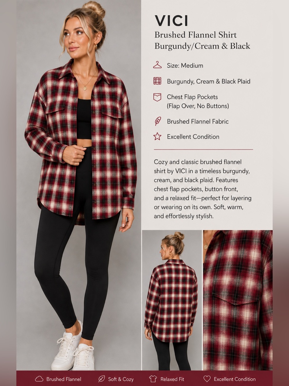 VICI Brushed Plaid Flannel Shirt Burgundy Cream Black Size Medium